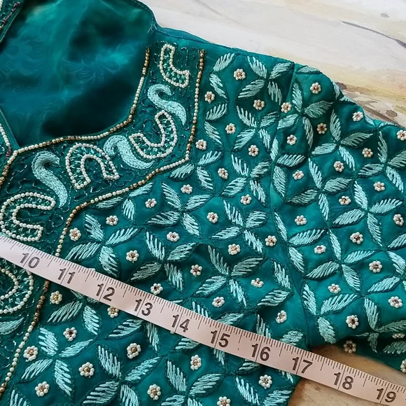 BEAUTIFUL Embroidery Beaded Ethnic Turquoise Silk SS Vintage Crop Top Jacket - Picture 10 of 16